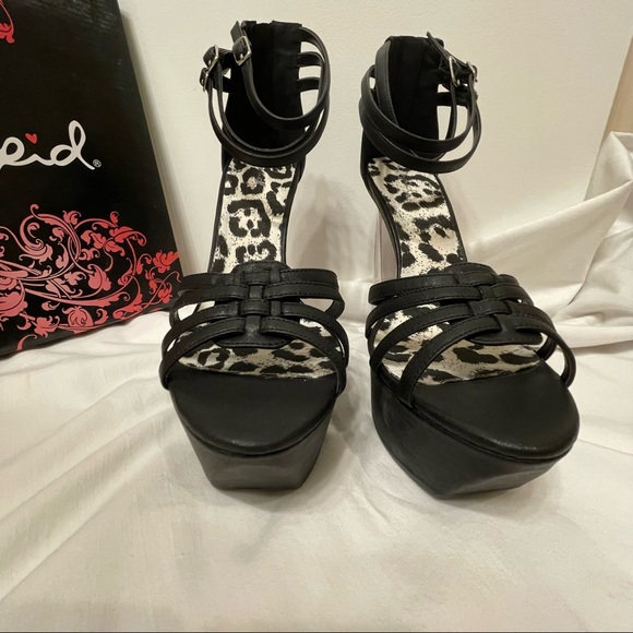 Qupid Arctic-01X Black/Clear Platform Heels 10 New Never Worn, 3 Ankle Straps - Picture 7 of 14